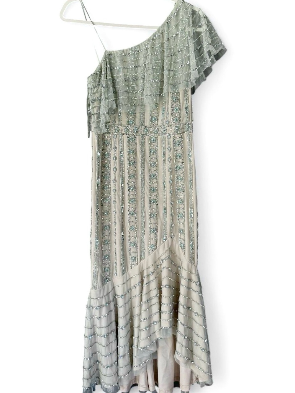 Beaded / Sequined Aidan Mattox Midi One-Shoulder New with tag Dress Sage Green